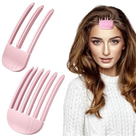 2 stk. hårkrøllklemmer for styling av pannelugg, sporløse rotløftklemmer, for naturlige og voluminøse frisyrer, og et volumgivende hårkamverktøy.
