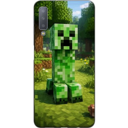 Kompatibelt Mobilskal till Samsung Galaxy A7 (2018) Block-baserad Creeper-figur i en grön pixell värld, ikonisk spelillustration för barnrum, gamer