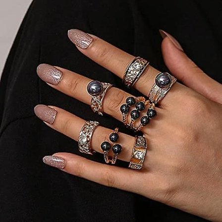 7 st Black Pearl Rings Dam Kristall Guld Ringar Set Knuckle Rings Vintage Joint Knot Rings Sets För tonåringar Fesvital Smycken Halloween Party Jul