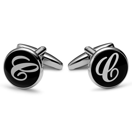 Round Silver-tone and Black Initial C Cufflinks for Men