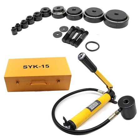 Hydraulisk knockout-kit, 15 ton max tryck, 10 skärstansar,Gul
