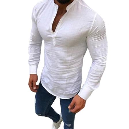 Herreoverdele V-hals skjorte Langærmet Henley skjorte White XL
