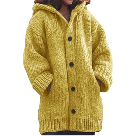 Hettegenser strikket genser dame høst vinter mellomlang ensfarget knappegenser