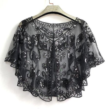 Dam 1920-tals paljettscarf bröllopsscarf omslag pärlbroderad aftonkappa svart