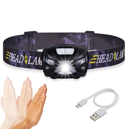 Superkirkas LED-otsalamppu, ladattava liiketunnistimella varustettu taskulamppu säädettävällä kulmalla ulkoiluun