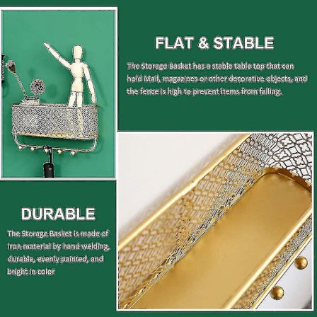 Väggmonterad förvaringskorg i metall, brevhållare med 5 krokar, guld