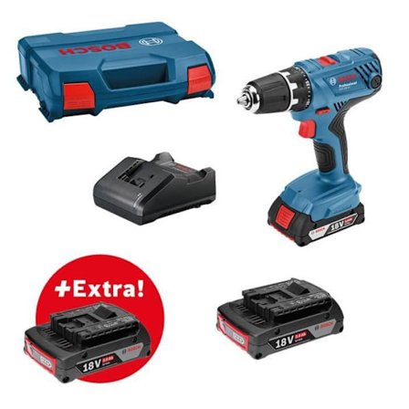 Bosch Professional GSR 18V-21 + 3 Batterier GBA 18V 2.0AH + laddare GAL 18V-20, levererad i L-CASE-0615990L888888