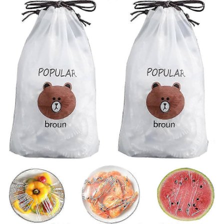 Pakke med 200 madopbevaringsposer, genanvendelige låg til mad, husholdningsfilm med elastik, forseglingspose, elastisk låg til skåle og tallerkener