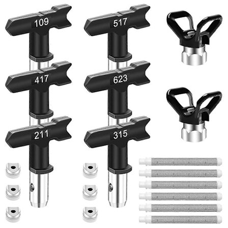 Maaliruiskusetti, 6 kaksipuolista maalisuihkusuutinta, 6 maaliruisku-suodatinta ja 2 suutinta