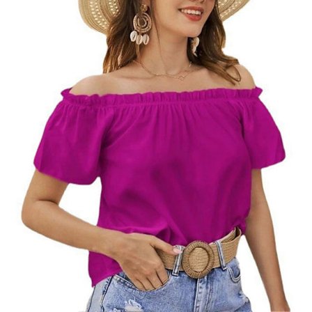 Lilla XL Dame Off Shoulder Topp Casual Ensfarget Kortermet Volang Loose Fit Sommer Pullover Bluse