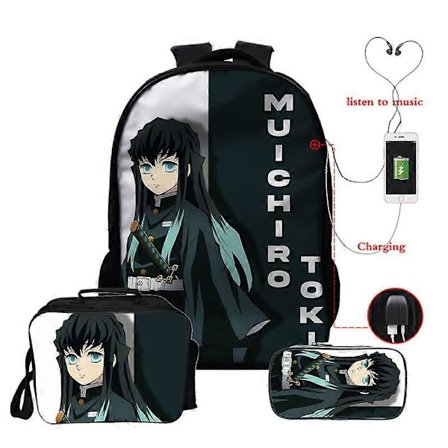 Anime Demon Slayer Muichiro Tokito Reppu Teini-ikäisille Pojille Tytöille Koululaukut Manga Reppu Usb 3kpl/settiä 16 Tuuman Kannettavan Tietokoneen 
