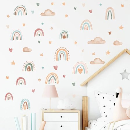 3Sheets/Set Bohemia Style Boho Color Rainbow Hearts Stars Pattern Wall Stickers for Kids Room Baby Nursery Room Wall Decals PVC