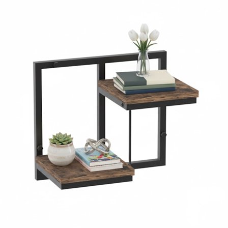 Industriel vægreol, metal og træ, svævende design