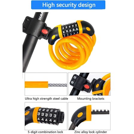 Pyörän lukko (keltainen), pitkä pyörän lukko 120 cm x 12 mm, varkaudenestokaapeli