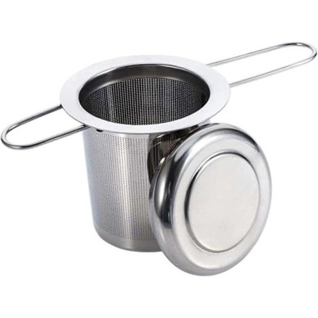 Te-infuser, 304 rustfritt stål te-sil med lokk og sammenleggbart håndtak, tefilter for tekanner, kopper og krus for brygging