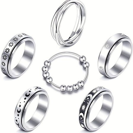 6 STK Antistressring, Antistress Roterende Ring, Fidget Ring, Avstressende Ring, Fidget Angstringer, Stablebare, Anti-Stressring, Sølv