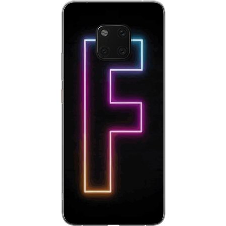 Kompatibel Mobilcover til Huawei Huawei Mate 20 Pro Neonbogstav F i lyserød, blå og gul lyskanter mod en mørk baggrund, grafisk bogstavillustration