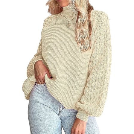 Dame Turtleneck Genser Kabelstrikket Lykt Erme Ensfarget Løs Passform Genser Aprikos XL