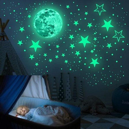 Loftmåne, selvlysende stjerner med langvarig glød, letanvendelig selvklæbende, lysende vægklistermærker til at skabe en ægte nattehimmel effekt i