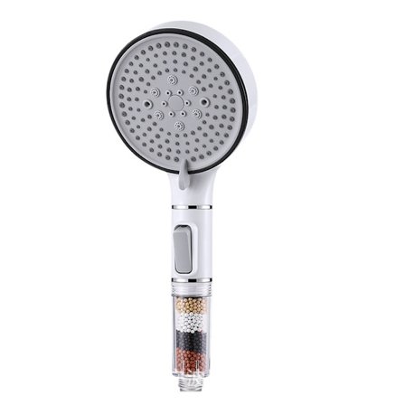 Vannbesparende dusjhode med 2m slange, hånddusj, 3-lags mineralsteinsfilter, 5 spraymoduser, vannbesparende boost