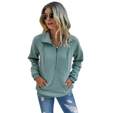 Kvinnors långärmade dragkedjesweatshirt Casual Pullover-Grågrön