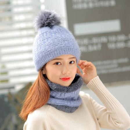 Varm vinterstrikket huehue fortykket Sød uldhue med kugle til kvinder, koreansk stil, unisex Gray Blue Hat scarf [fleece-lined] M