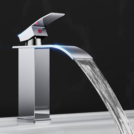 Badrum, vattenfall blandare för handfat i rostfritt stål, mässingsblandare, varmt och kallt vatten tillgängligt, vattenbesparande, krom (inkluderar 60