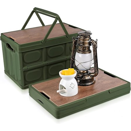 Foldbar Campingboks, Opbevaringskasser med Håndtag, Opbevaringsbeholdere med Trælåg 30L, Plast Opbevaringskasser som Bordplade