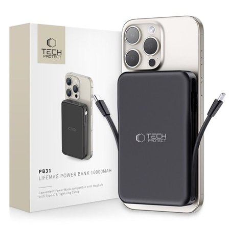 Tech-Protect LifeMag PB31 10000mAh MagSafe Power Bank 15W USB-C / USB-A / Indbyggede kabler - Sort