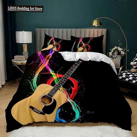 v1113 Sengetøy Gitar Dynetrekksett Elektrisk Gitar I Brennende Musikalsk Kreativitetskonsept Musikk Dobbel Queen King Size Polyester Dynetrekk 3-Deler