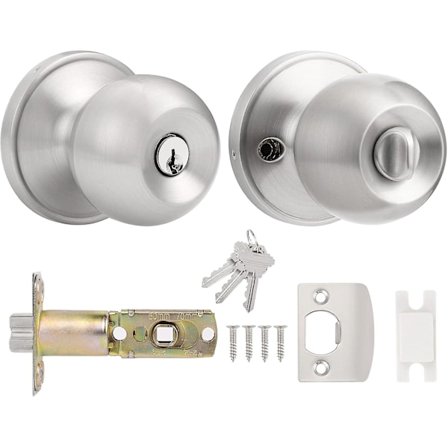 Inngangsdørvrider med nøkkel, rustfritt stål, utvendige dørvridere, rundt sikkerhetslåssett for inngangsdør, satengnikkel