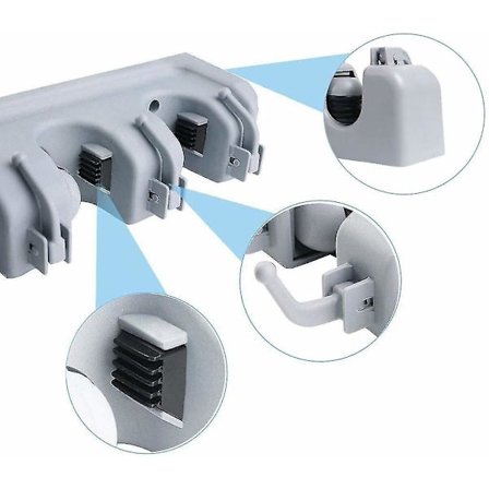 Kost- og moppholder med 6 kroker og 5 hurtigutløserklemmer