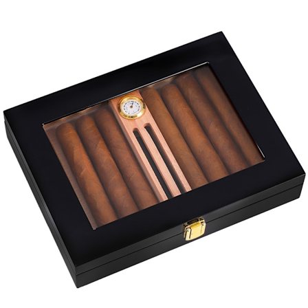 Högblank cigarr Humidor cigarrlåda för 10-15 cigarrer, äkta massivt spanskt cederträ, lyxig hygrometer och luftfuktare, D