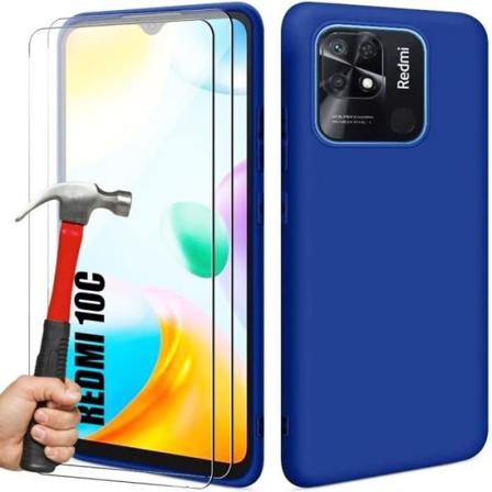 Etui til Xiaomi Redmi 10C med 2 anti-ridse hærdet glas silikoneblå Blå