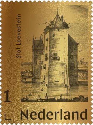 Holland - Hugo de Groot II - Loevestein slot guld - Postfrisk frimærke i 24 karat guld indkapslet i skrin