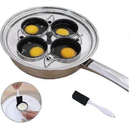 Äggkokare med 4 Koppar - Äggkokare i Rostfritt Stål för Pocherade Ägg, Induktionshäll, Äggkokare Set med 4 Nonstick Stora Silikon Äggkokare Koppar