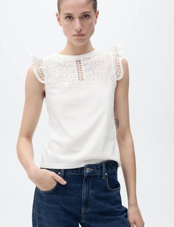 Mango Openwork Neckline Cotton Top - White - M