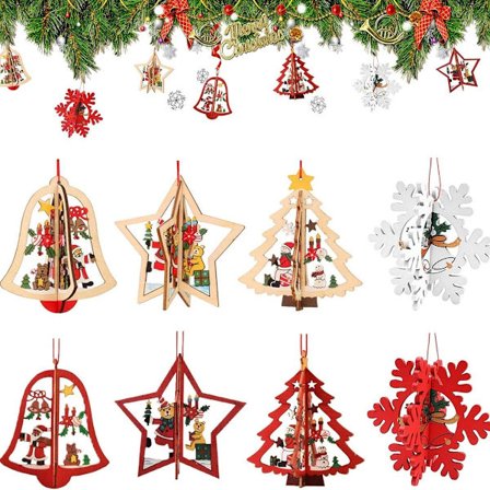 8 kappaleen pakkaus pieniä puisia joulukoristeita, 3D joulukuusen koriste riipuksia KLB