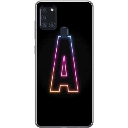 Yhteensopiva Puhelinkuori Samsung Samsung Galaxy A21s Minimalistinen neonkirjain A sateenkaarenvärisessä valossa mustaa taustaa vasten modernissa ty