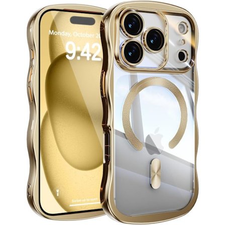 Magnetisk telefondeksel, støtter trådløs lading, støtsikker kamerabeskyttelse, gjennomsiktig beskyttende elektrobelagt støtfangerdeksel, gullfarge.