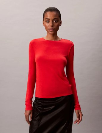 Calvin Klein Ls Inside Out Sheer Wool Knit To - Red - XS