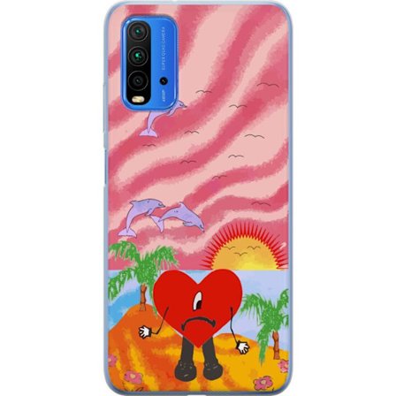 Kompatibelt Mobildeksel til Xiaomi Redmi Note 9 4G Bad Bunny i en fargerik quiltet jakke med hjertemønster og solbriller i moderne gatestil