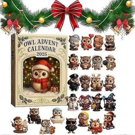 Pöllöjoulukalenteri 2025, 24 päivän joulukalenteri - 24 lahjaa minipöllöhahmoilla, pöllöyllätysriipus, ainutlaatuinen kodin sisustus ja juhlava 