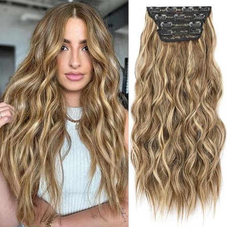 Hårförlängningar Brun mix Blond Clip in Syntetiska Slingor Hårförlängningar Långt Vågigt 4PCS Tjocka Hårförlängningar 20 Tum för Kvinnor[HK]