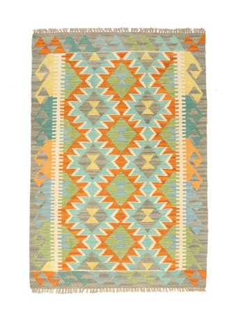 Kelim Vloerkleed Handgeweven 90X134 Groen/Oranje Afghanistan