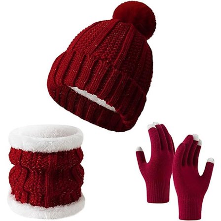 Hansker, lue og skjerf - tredelt sett - vinterstrikk - foret med fleece og fortykket - varm og kuldebestandig - Claret