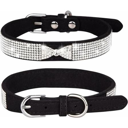Rhinestone hundehalsbånd – sødt?? og fantastisk - blødt, skinnende ruskindshundehalsbånd med rhinsten - størrelse XS - sort - 3-GetRich