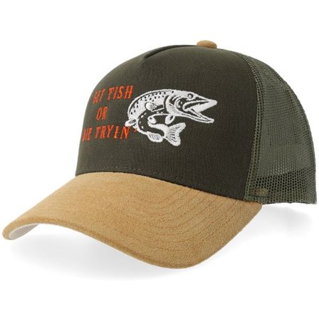 Iconic - Grön trucker Keps - Fish Or Die Tryin' Olive Canvas/Wheat Suede A-frame Trucker @ Hatstore