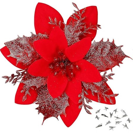 15 stk. røde julestjerner kunstige blomster med klemmer til juletræ