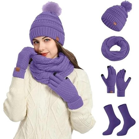 4-delt vintersæt til damer - Strikkede huer med halstørklæde og vanter - Termisk foring - Touchscreen-kompatible - Udendørs og skiløb - Lilla